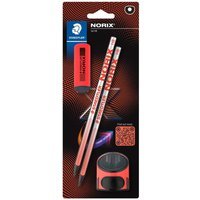 Blister Staedtler Norix® 181 2 crayons graphite + 1 taille-crayon 516 + 1 gomme 523 Rouge corail et Noir
