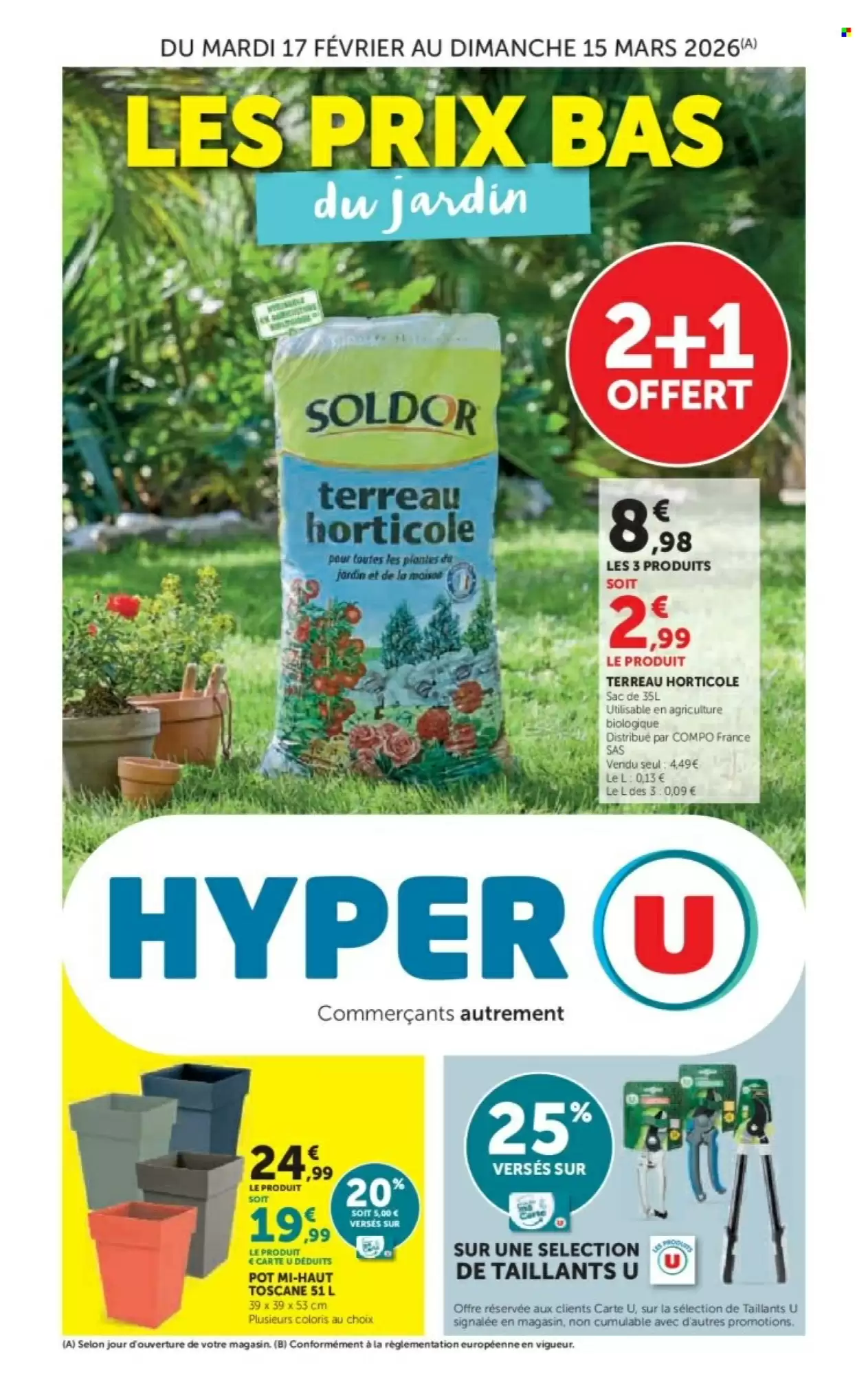 🌿 Promo jardin Hyper U : terreau horticole 2+1 offert & accessoires à petit prix
