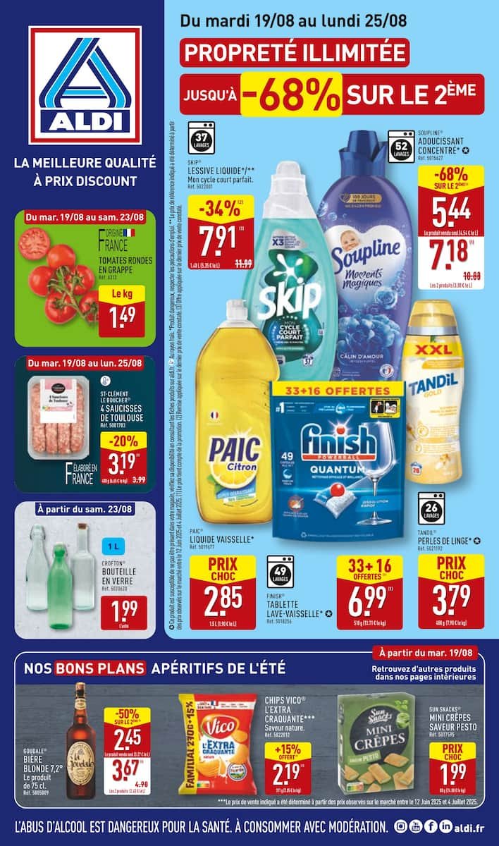🧼 Aldi Prospectus | -68% sur le 2ᵉ – Du 19 au 25 Août!