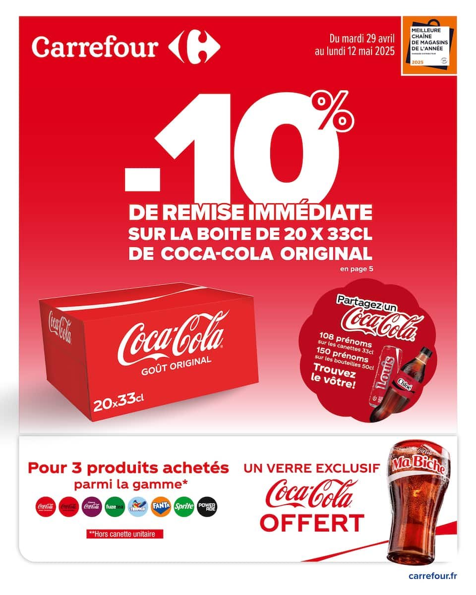 Carrefour Catalogues – 10% de remise immédiate sur la boîte de 20 x 33cl de Coca-Cola Original 🥤🔥