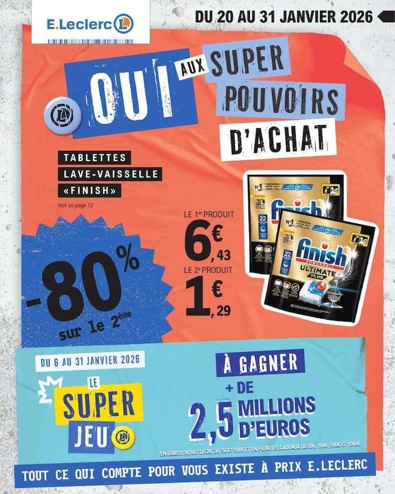 🧼Catalogue E.Leclerc : -80% sur Finish + promos jeu 2,5M€